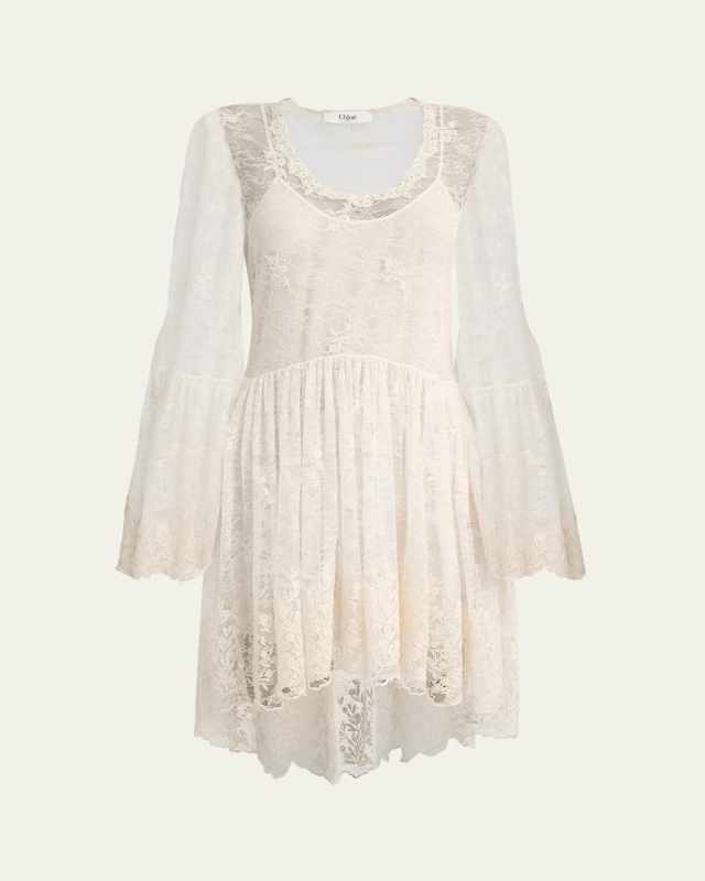 Lace U-Neck Long-Sleeve Mini Dress